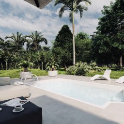 BIURO PROJEKTOWE Sylwia Sikora - Nowoczesny ogród z basenem, otoczony tropikalną roślinnością, z białymi leżakami i sofą z gazetą i filiżankami kawy na stoliku.