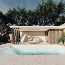 BIURO PROJEKTOWE Sylwia Sikora - Nowoczesny ogród z basenem, zadaszoną strefą relaksu z okrągłym rattanowym siedziskiem i dekoracyjnymi roślinami w plecionych donicach, otoczony zielenią i kwitnącymi krzewami.