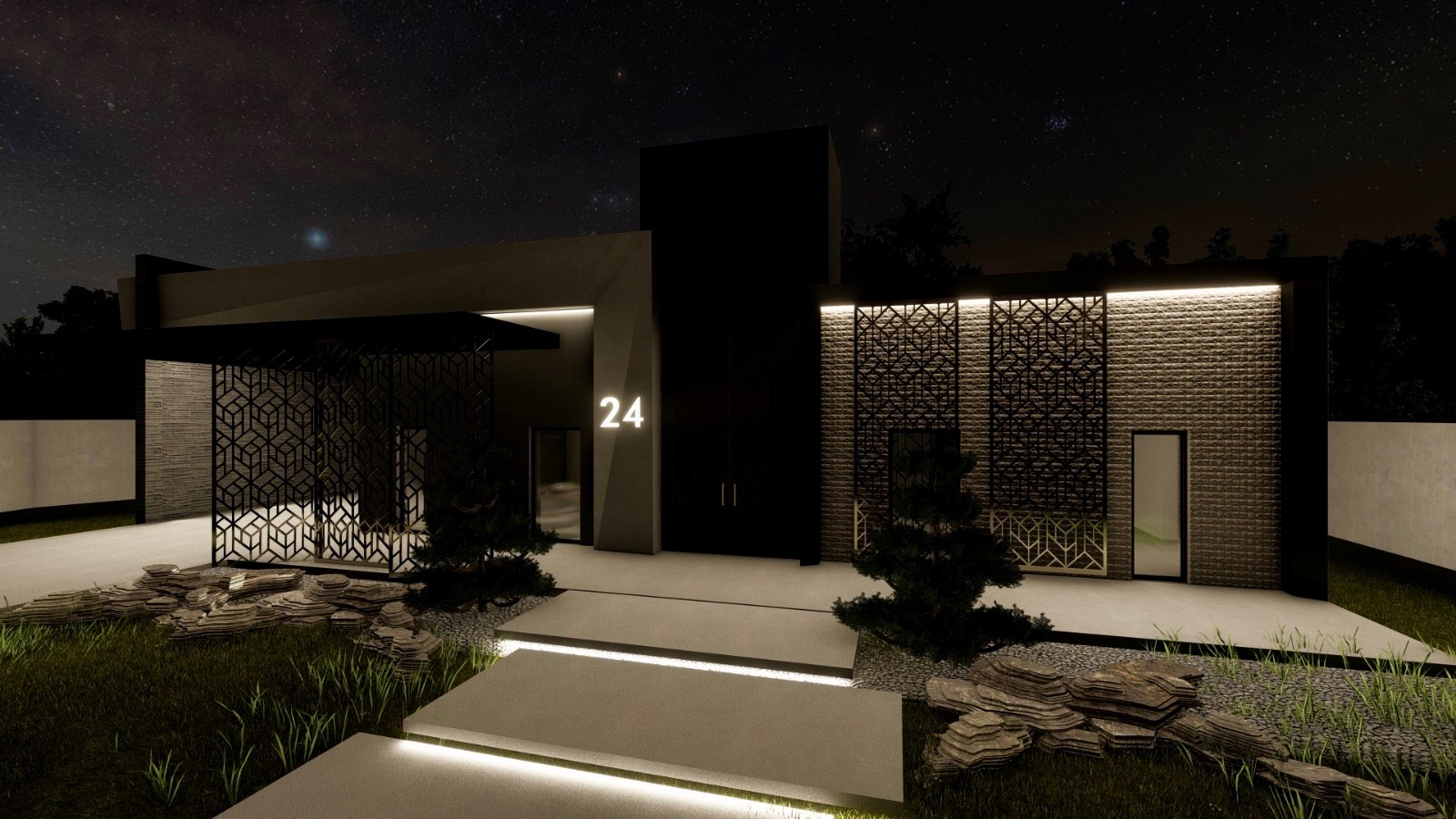 Nowoczesna elewacja domu z numerem 24 podświetlonym nocą, ozdobne panele ażurowe, kamienna aranżacja ogrodu z podświetlonymi ścieżkami.
