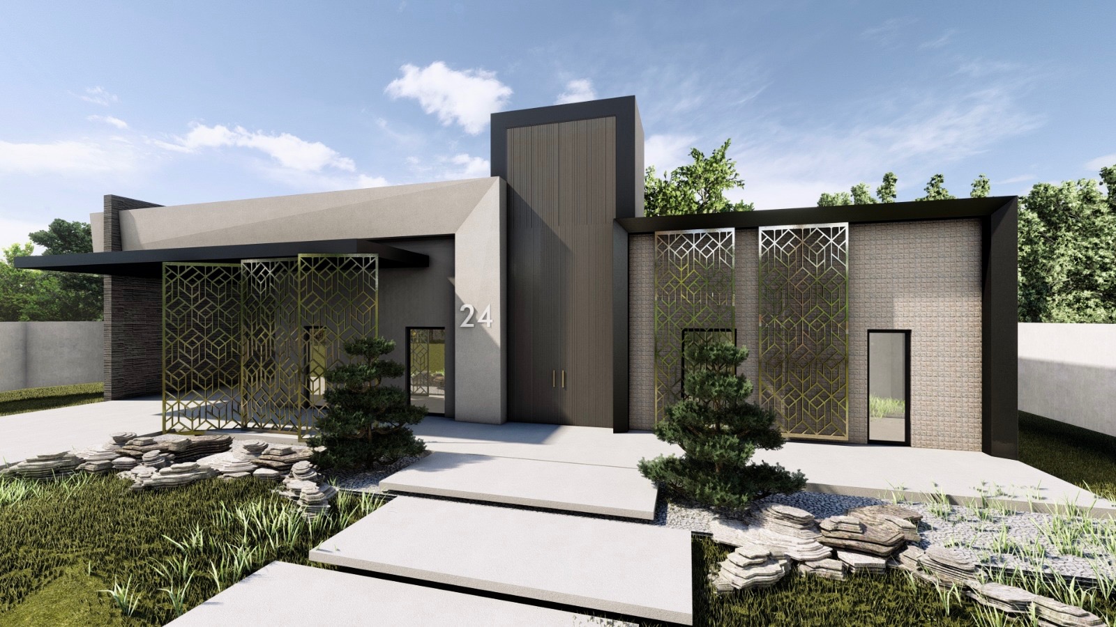 Wizualizacja nowoczesnego domu z numerem 24, z elementami dekoracyjnymi w postaci ażurowych paneli, kamiennego ogrodu i minimalistycznego chodnika.