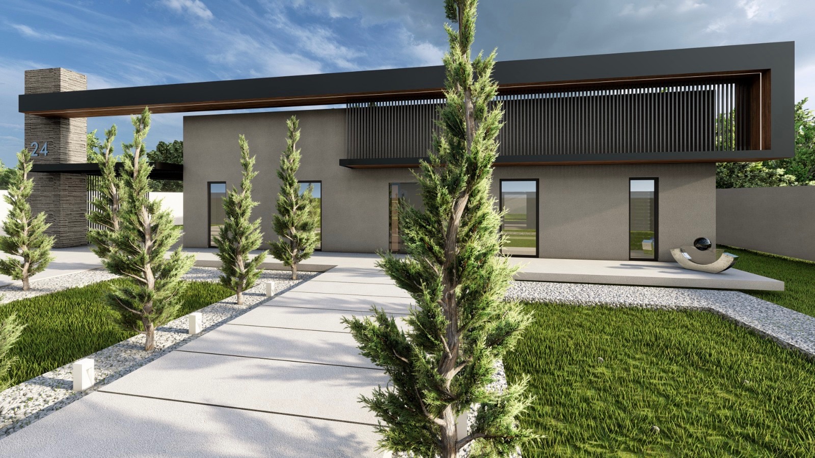 Elewacja nowoczesnego domu z numerem 24 na bramie, minimalistycznym designem, szarą fasadą, czarnymi ramami okiennymi i elementami drewnianymi, otoczona ozdobnymi drzewkami i trawnikiem.
