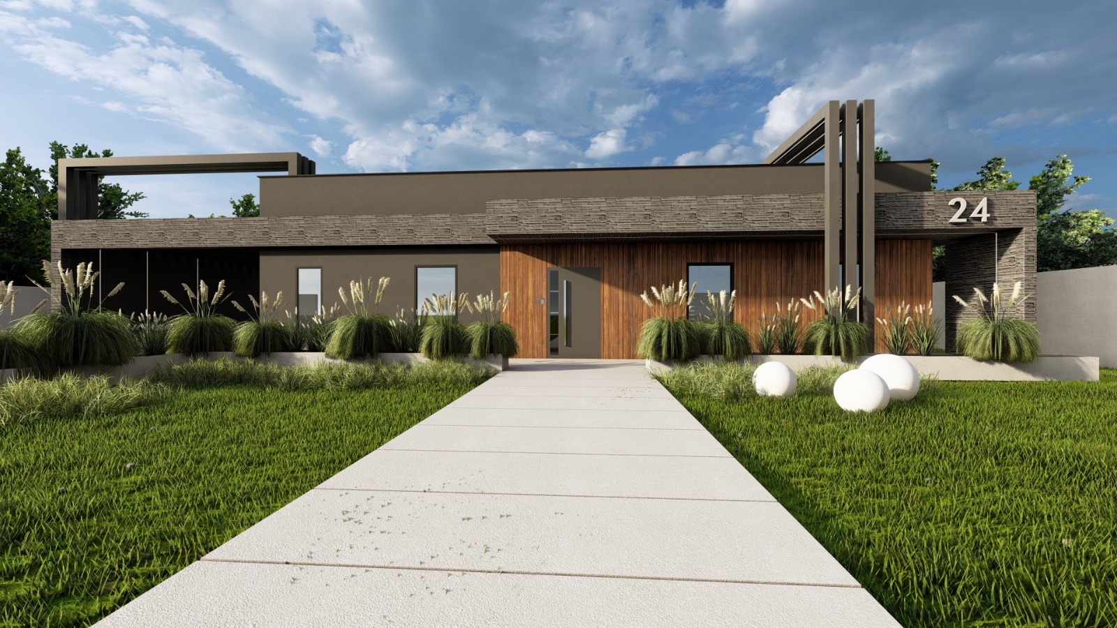 Nowoczesny dom jednorodzinny z elewacją z drewna i kamienia, numer 24 na ścianie, ozdobne trawy i białe kule w ogrodzie, jasny chodnik prowadzący do wejścia.