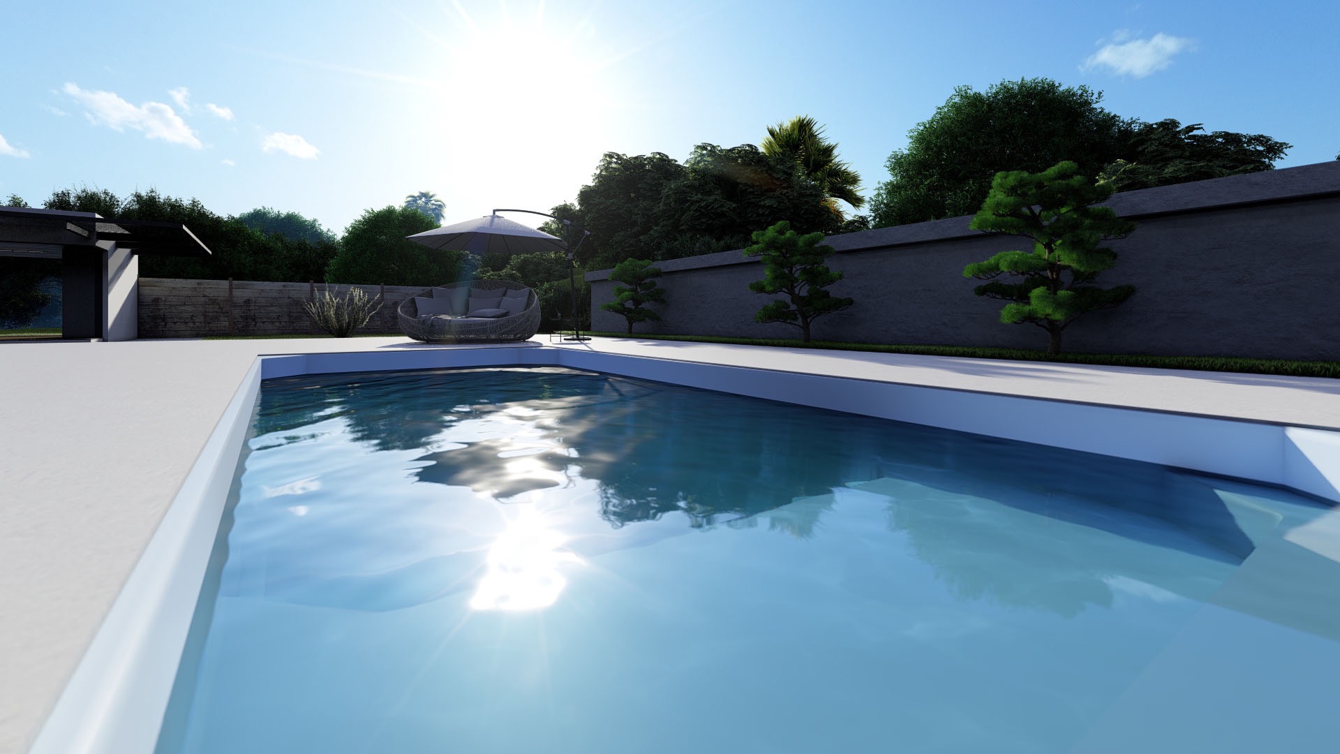 Nowoczesny basen z krystalicznie czystą wodą, otoczony minimalistycznym tarasem, z widokiem na wypielęgnowany ogród z rattanowym zestawem wypoczynkowym pod parasolem i ozdobnymi drzewkami.