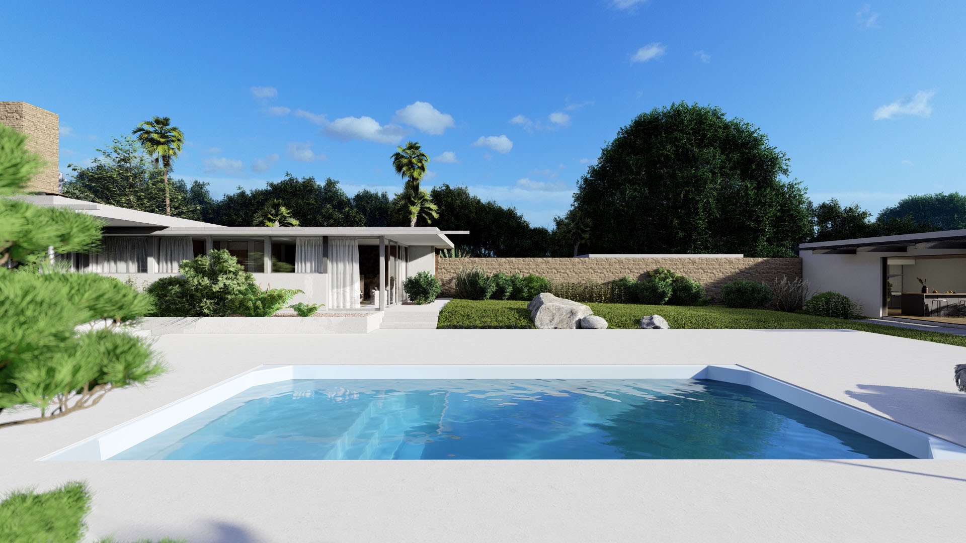 Nowoczesny dom z basenem otoczony zielenią, z widoczną ścianą z kamienia i palmami w tle, oddający luksusowy charakter.