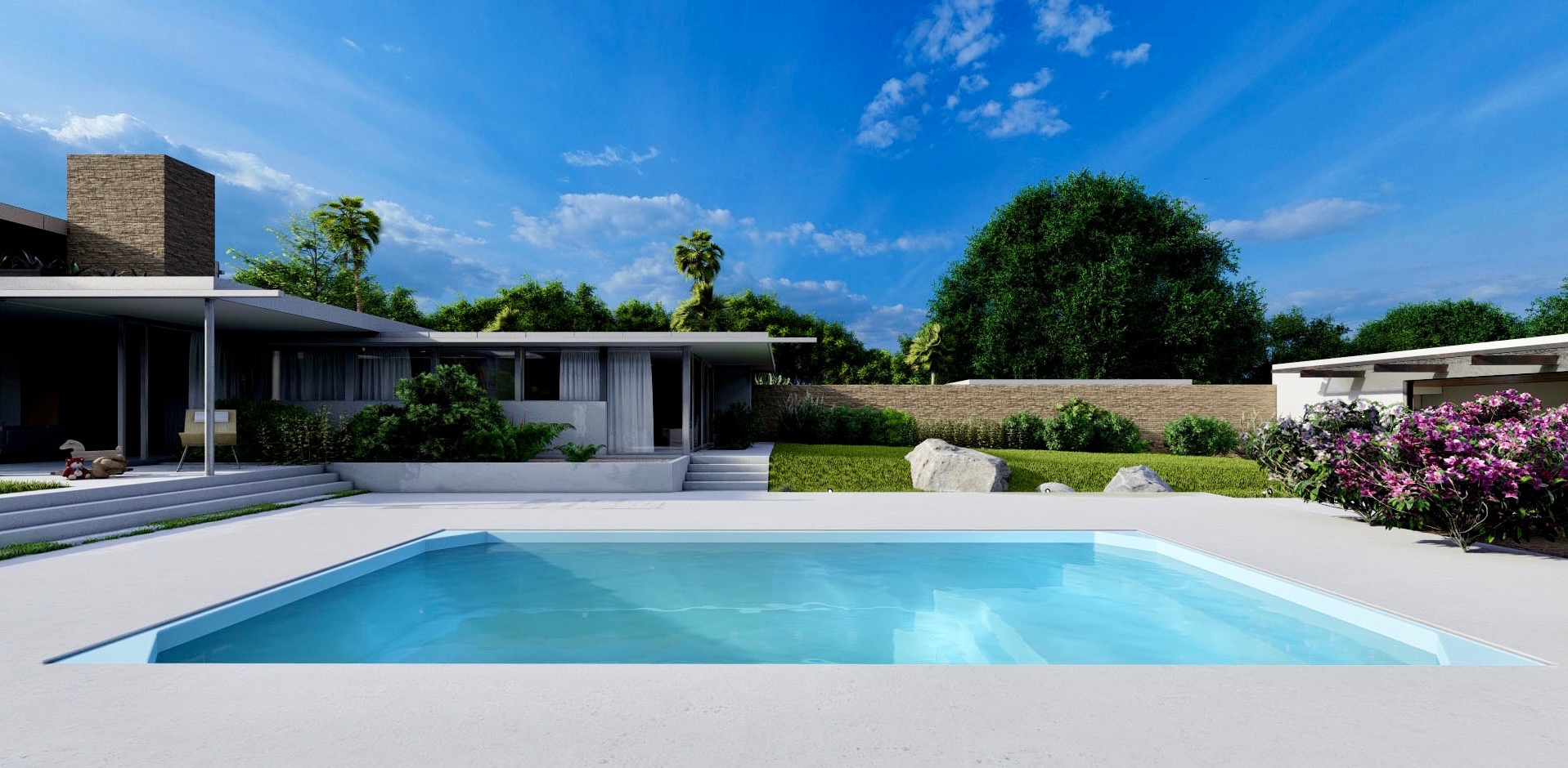 Nowoczesny dom z płaskim dachem i basenem otoczony bujną zielenią, widok z poziomu basenu, błękitne niebo z delikatnymi chmurami w tle.