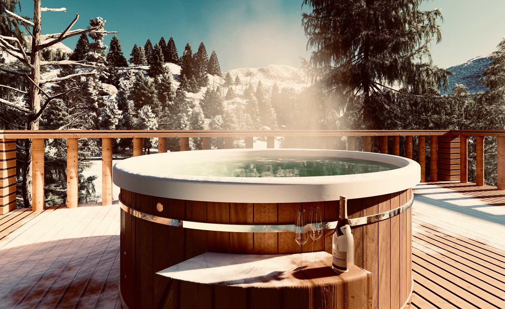 Drewniana balia z wodą na tarasie w zimowej scenerii górskiej, obok butelka szampana i dwa kieliszki.