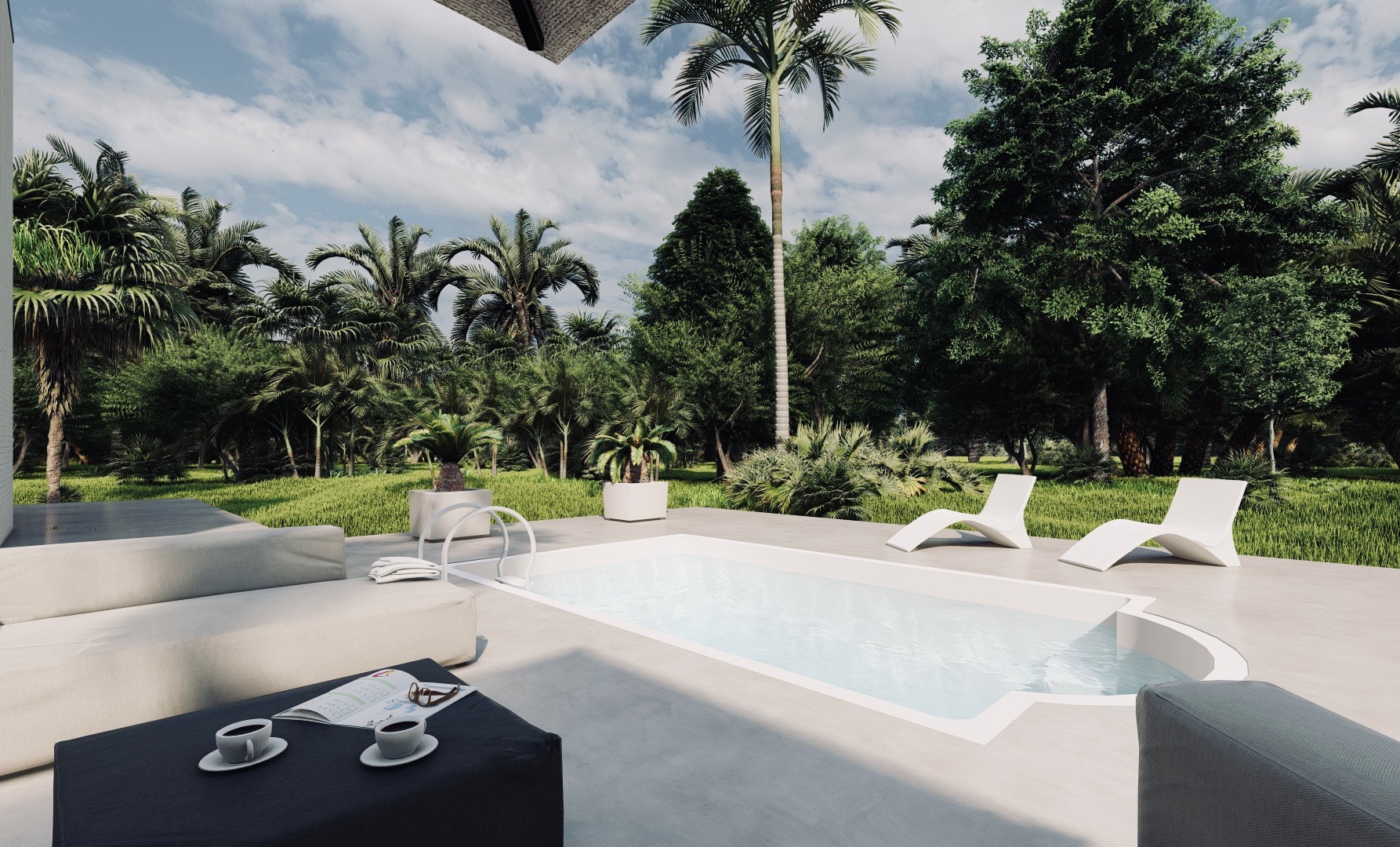 Nowoczesny ogród z basenem, otoczony tropikalną roślinnością, z białymi leżakami i sofą z gazetą i filiżankami kawy na stoliku.