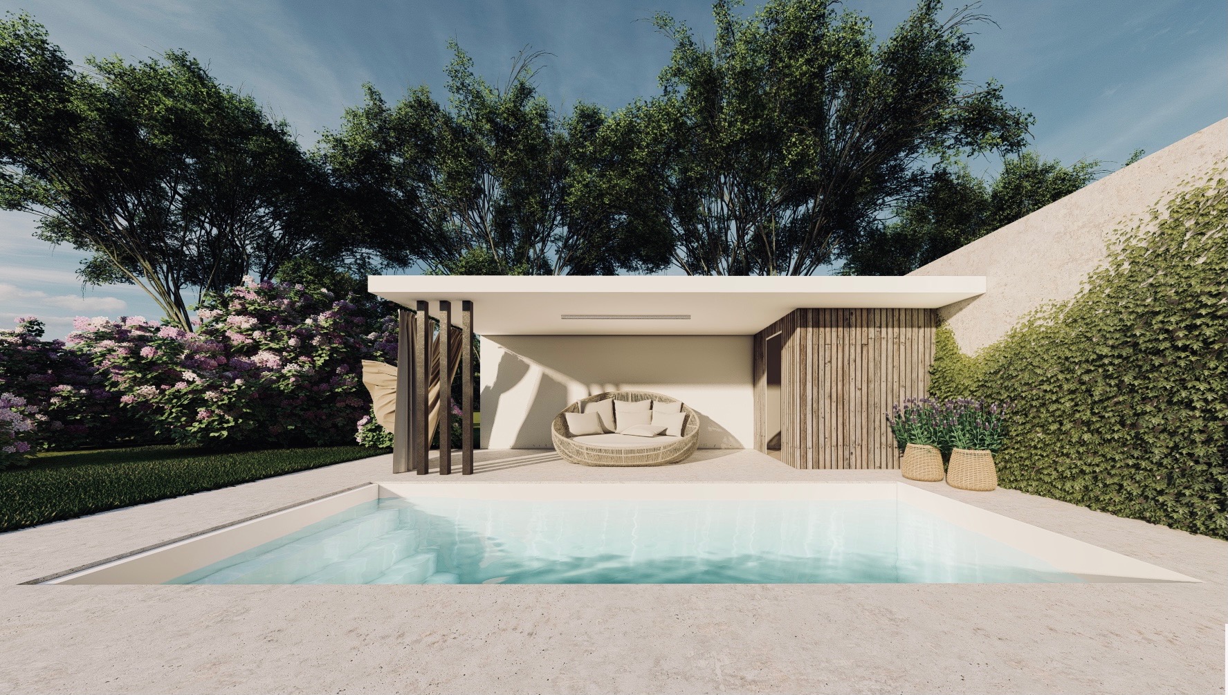 Nowoczesny ogród z basenem, zadaszoną strefą relaksu z okrągłym rattanowym siedziskiem i dekoracyjnymi roślinami w plecionych donicach, otoczony zielenią i kwitnącymi krzewami.