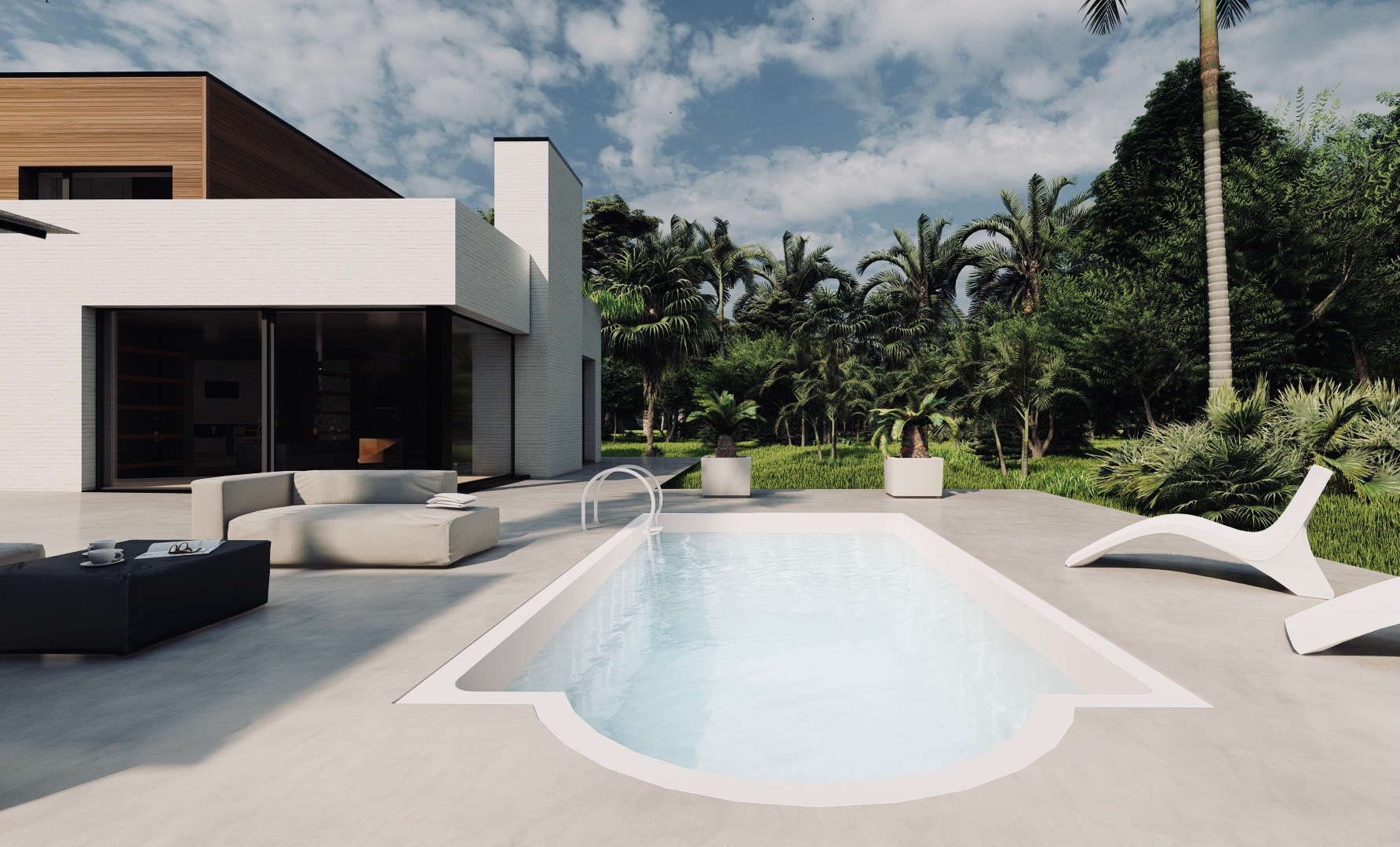 Nowoczesny ogród z białym basenem, palmami i minimalistycznymi meblami wypoczynkowymi, z widokiem na luksusowy dom z elementami drewna.