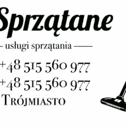 Grafika z napisem 'ZaSprzątane', numerami telefonów, lokalizacją Trójmiasto oraz ilustracją odkurzacza i mopa.