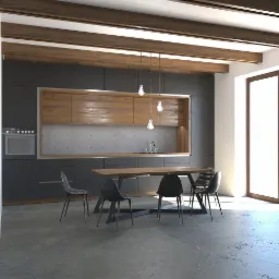 Nowoczesna kuchnia z szarymi szafkami, drewnianymi akcentami, betonową ścianą, drewnianym stołem z czarnymi krzesłami i trzema wiszącymi lampami z żarówkami Edisona.