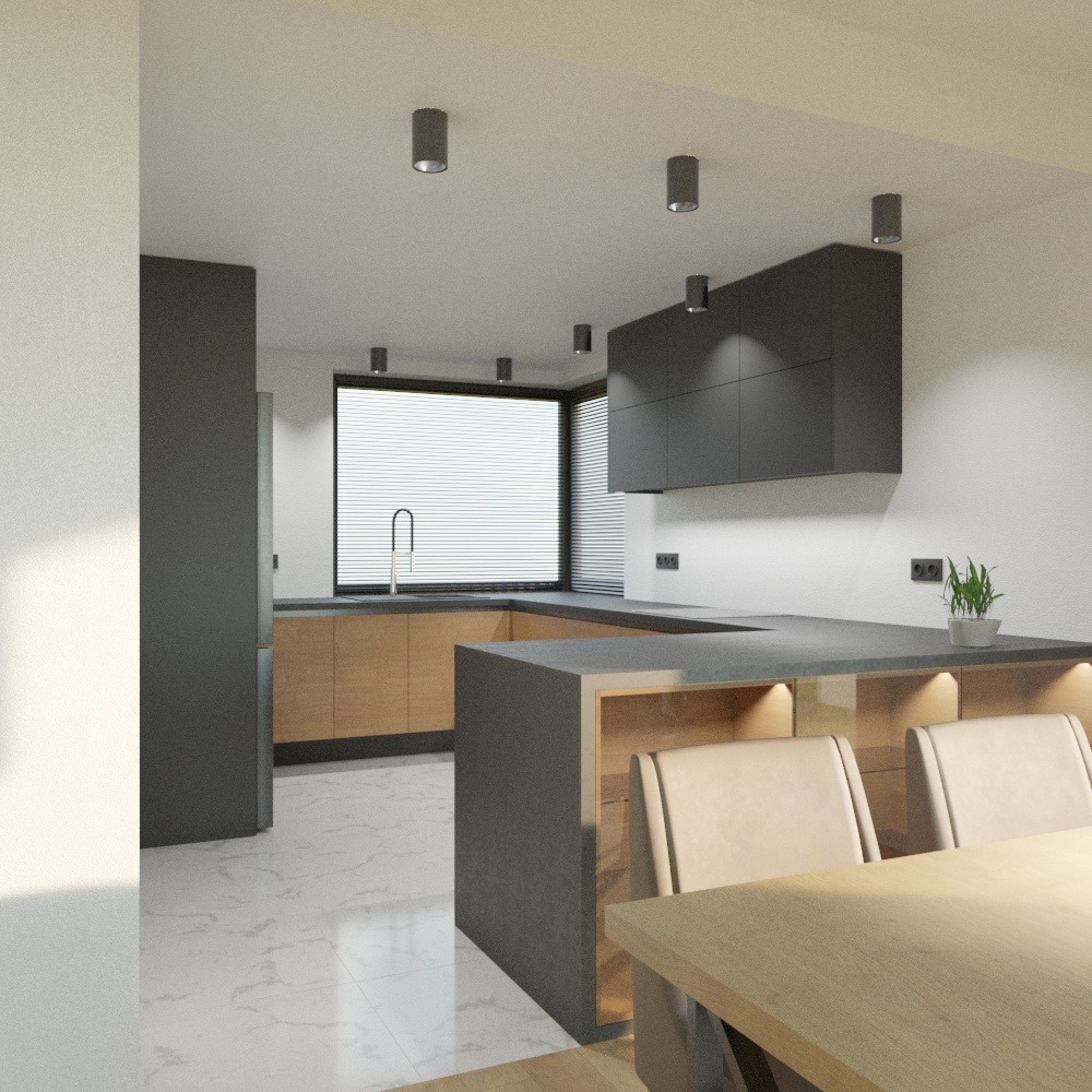 Nowoczesna kuchnia z drewnianymi szafkami dolnymi i grafitowymi górnymi, wyspa z podświetleniem LED i marmurową podłogą, widok na okno z żaluzjami.