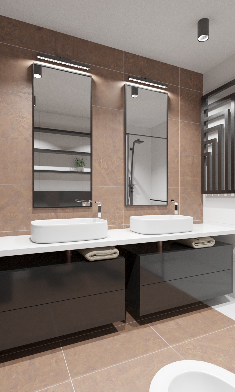 Nowoczesna łazienka z dwoma umywalkami nablatowymi, lustrami z oświetleniem LED i brązowymi płytkami imitującymi rdzę na ścianach.