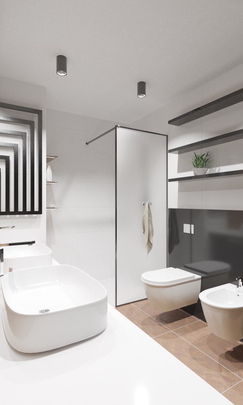 Minimalistyczna łazienka z białą umywalką nablatową o zaokrąglonych kształtach, podwieszaną toaletą i bidetem na brązowej podłodze, z czarnymi półkami i dekoracyjną ramą lustra.