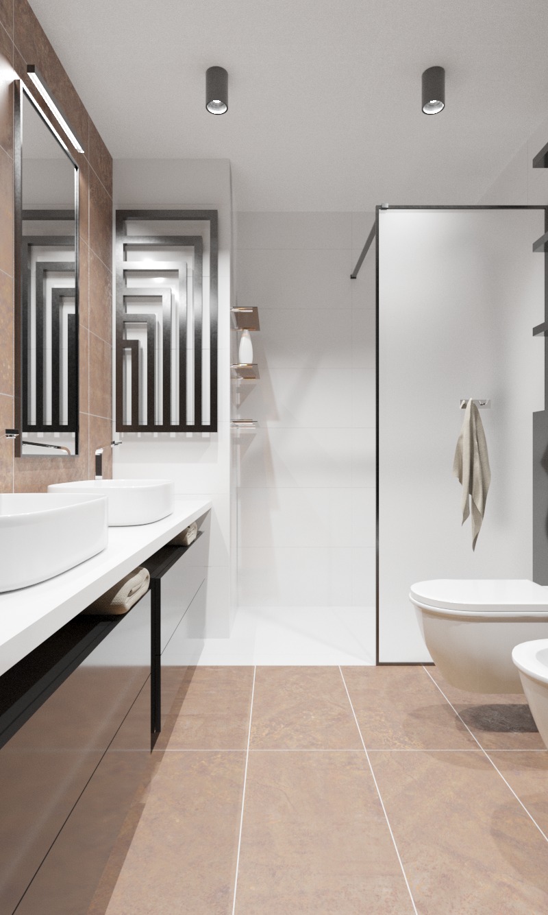 Nowoczesna łazienka z dwoma umywalkami na blacie, lustrem z podświetleniem LED, minimalistycznym grzejnikiem drabinkowym i kabiną prysznicową typu walk-in.