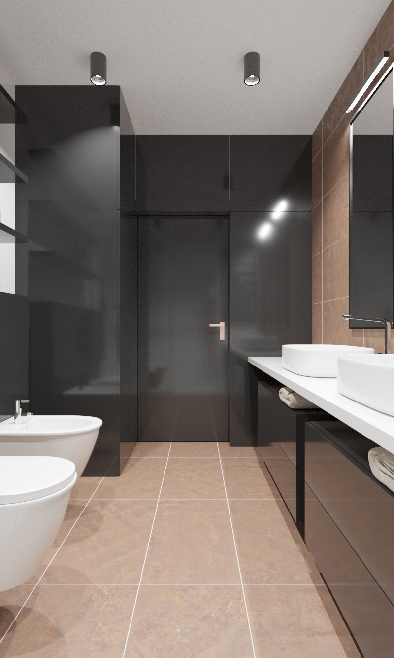 Nowoczesna łazienka z brązowymi płytkami podłogowymi, czarnymi szafkami i białymi umywalkami nablatowymi, oświetlona punktowymi lampami sufitowymi.