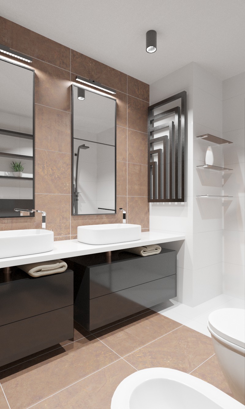 Nowoczesna łazienka z dwoma umywalkami nablatowymi, brązowymi płytkami imitującymi kamień na ścianie, czarnymi szafkami pod umywalkami i dekoracyjnym, metalowym panelem ściennym.