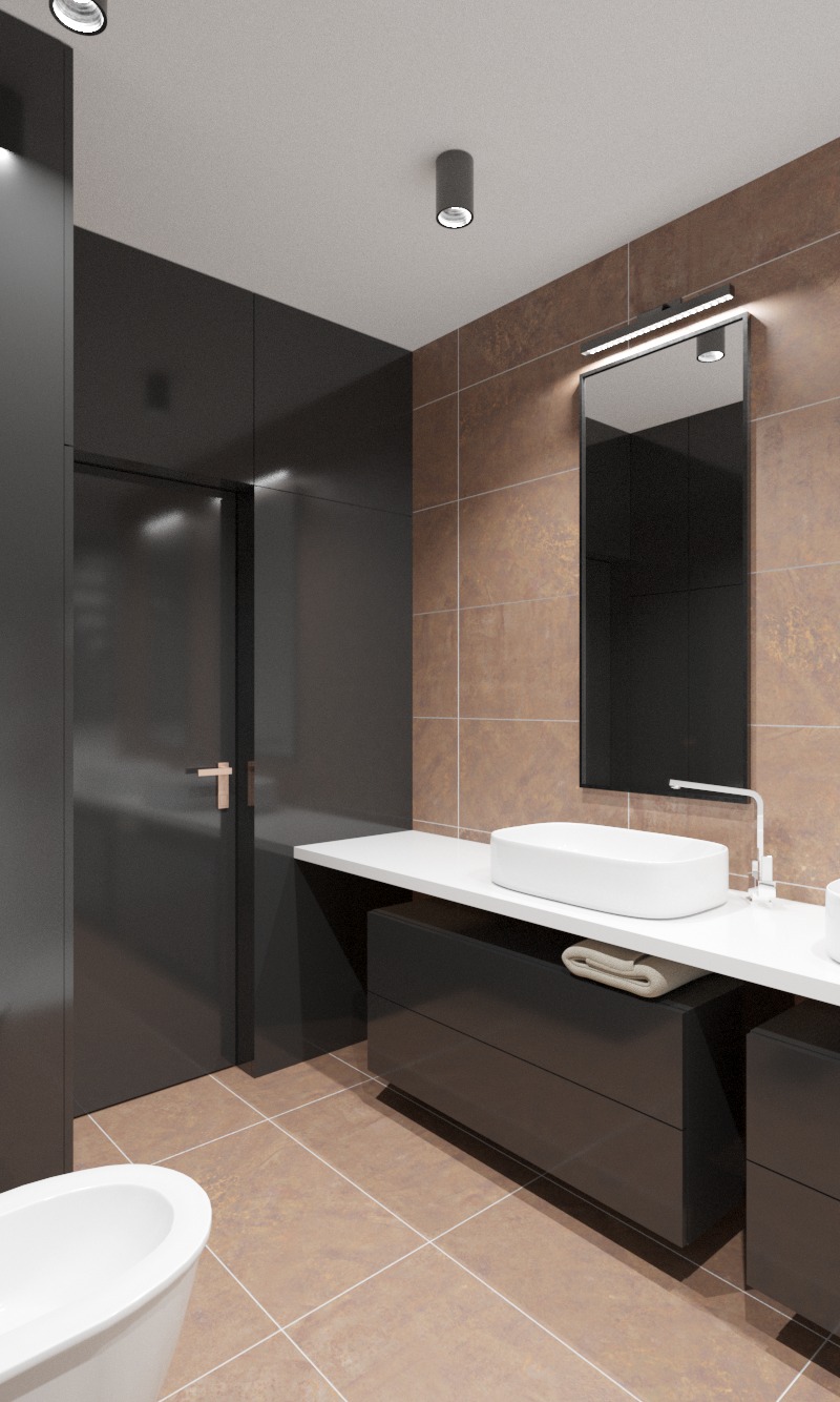 Nowoczesna łazienka z brązowymi płytkami imitującymi kamień, czarnymi frontami szafek pod umywalkami, owalną umywalką nablatową i podświetlanym lustrem.