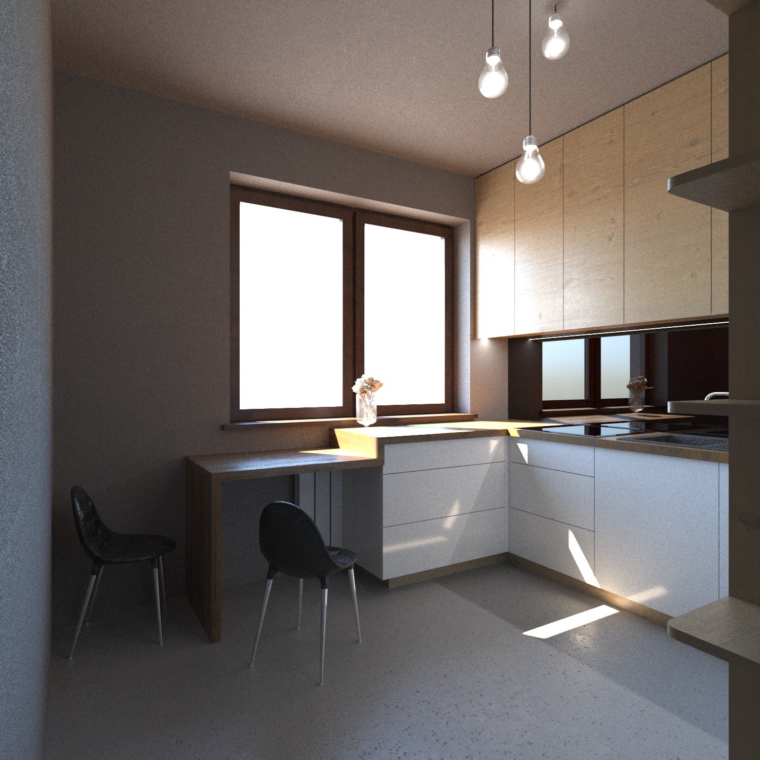 Nowoczesna kuchnia z białymi szafkami, drewnianymi blatami, stołem pod oknem i trzema wiszącymi lampami z żarówkami Edisona.