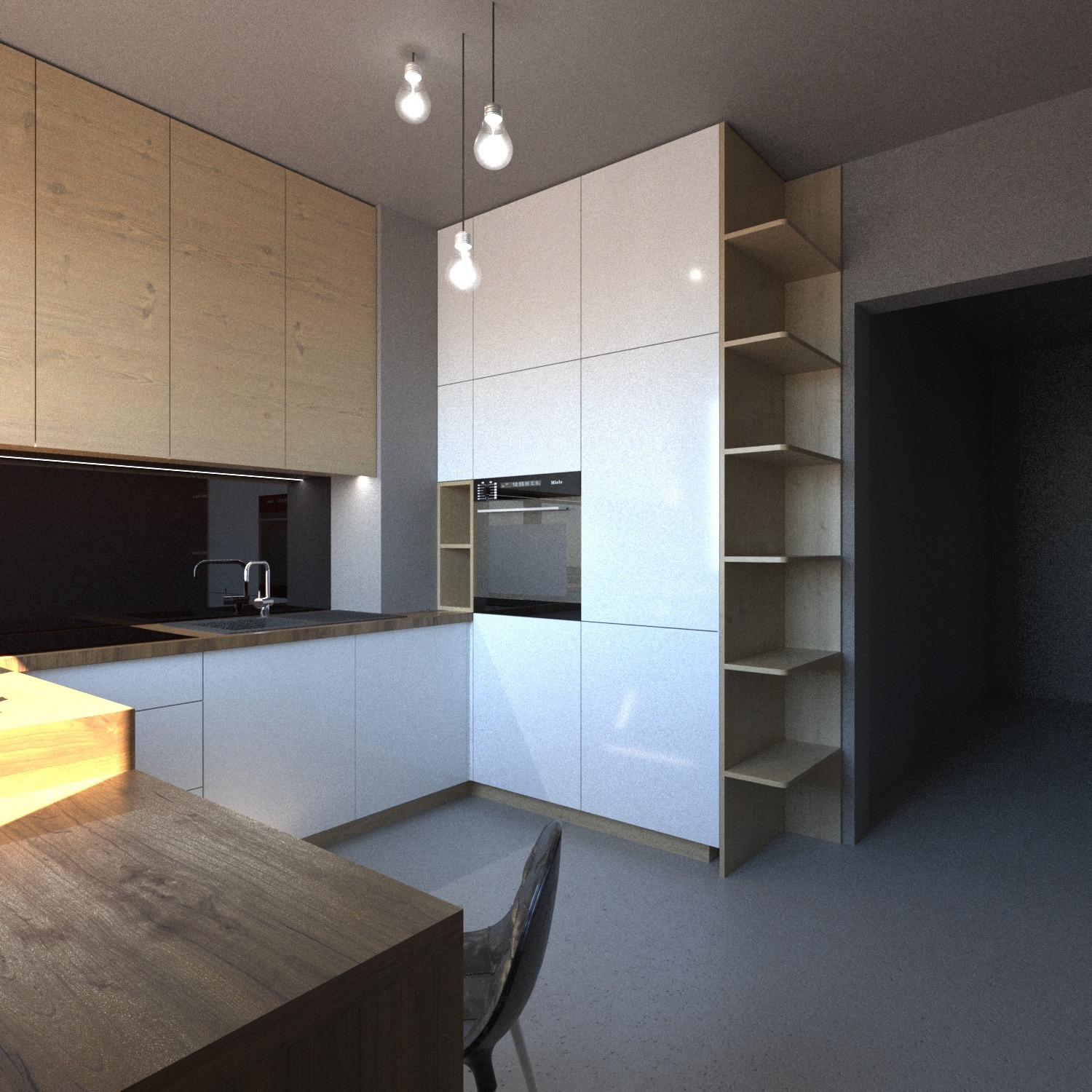 Wizualizacja nowoczesnej kuchni z drewnianymi i białymi szafkami, oświetleniem punktowym i minimalistycznym wystrojem, widoczny fragment blatu stołu z drewnianym wykończeniem i krzesło...