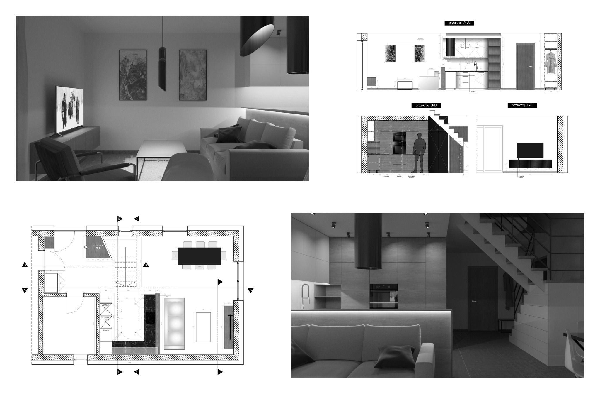 Czarno-biała wizualizacja wnętrza mieszkania, przedstawiająca plan i przekroje pomieszczeń, w tym salonu z telewizorem, kuchni ze schodami i jadalni.