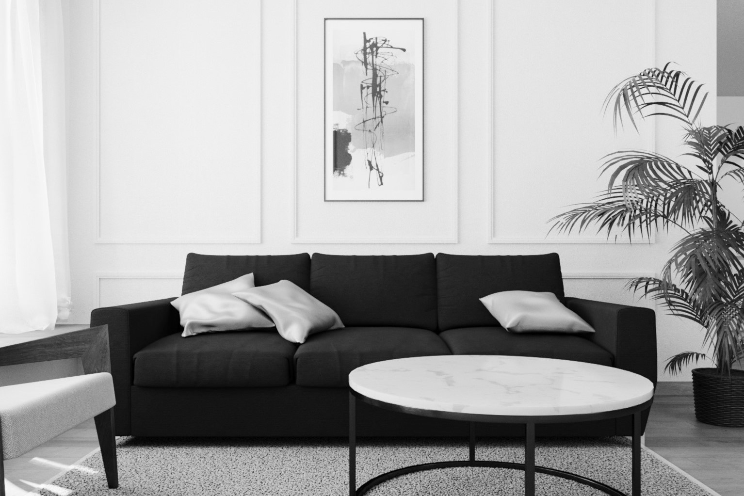 Monochromatyczne wnętrze: czarna sofa z satynowymi poduszkami, okrągły stolik z marmurowym blatem, abstrakcyjny obraz w ramie i palma w tle