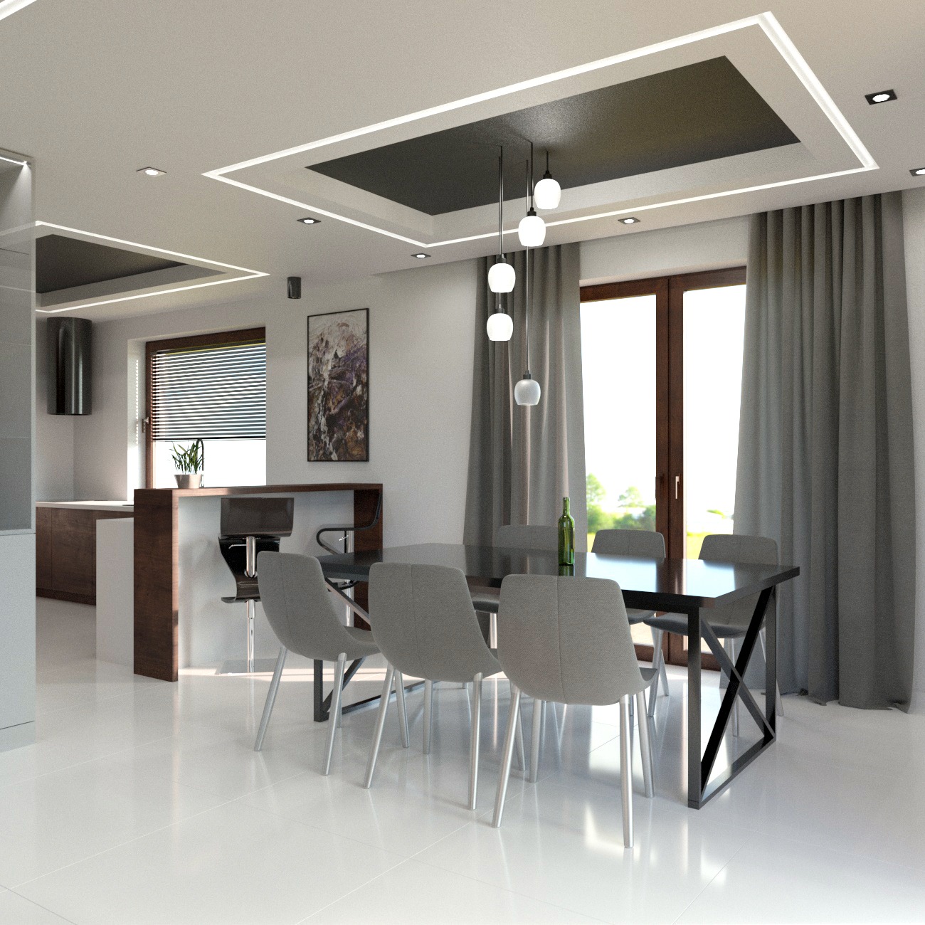 Nowoczesna jadalnia z czarnym stołem na metalowej konstrukcji, szare krzesła, biała podłoga i sufit z oświetleniem LED oraz wiszące lampy kuliste.