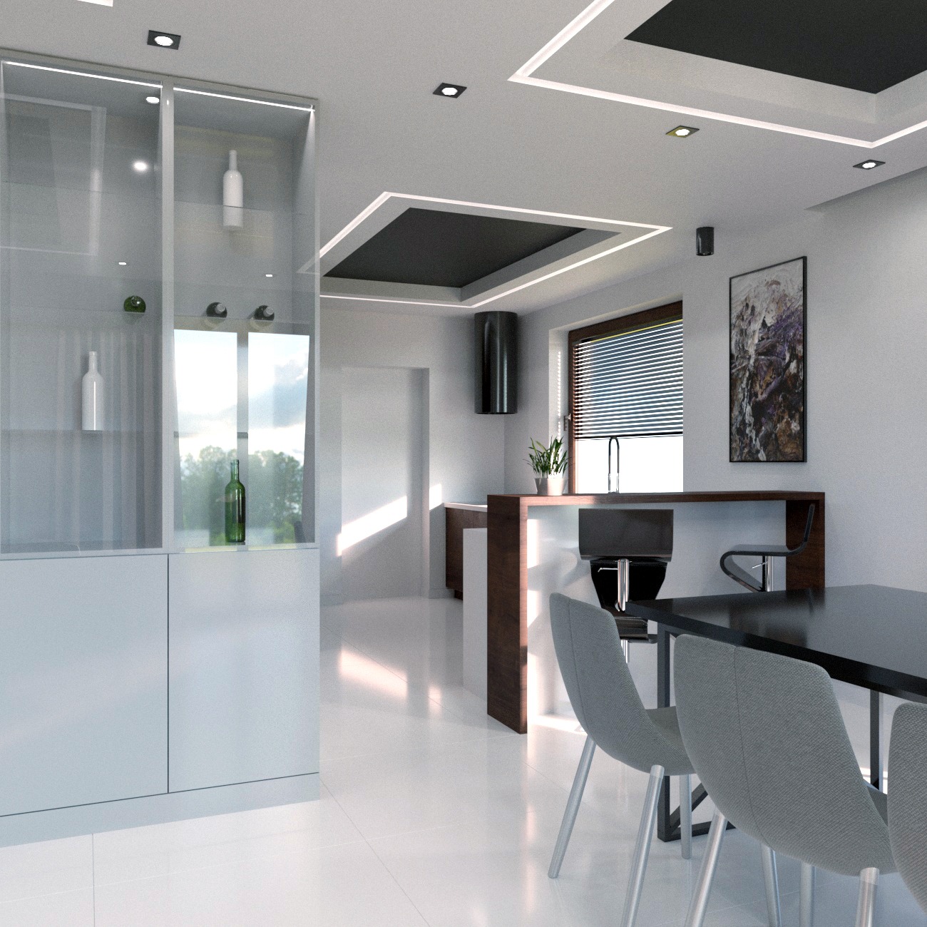 Nowoczesne wnętrze: biała zabudowa z przeszkloną witryną na wino, wyspa kuchenna z wysokimi krzesłami, czarny stół jadalny z szarymi krzesłami, oświetlenie sufitowe w geometrycznych ramach.
