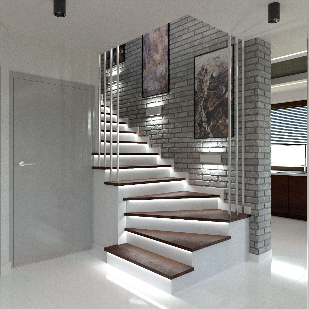 Nowoczesne schody z drewnianymi stopniami i białymi podświetleniami LED, ściana z szarej cegły z obrazami, minimalistyczna balustrada z pionowych prętów, widok na fragment kuchni w tle.