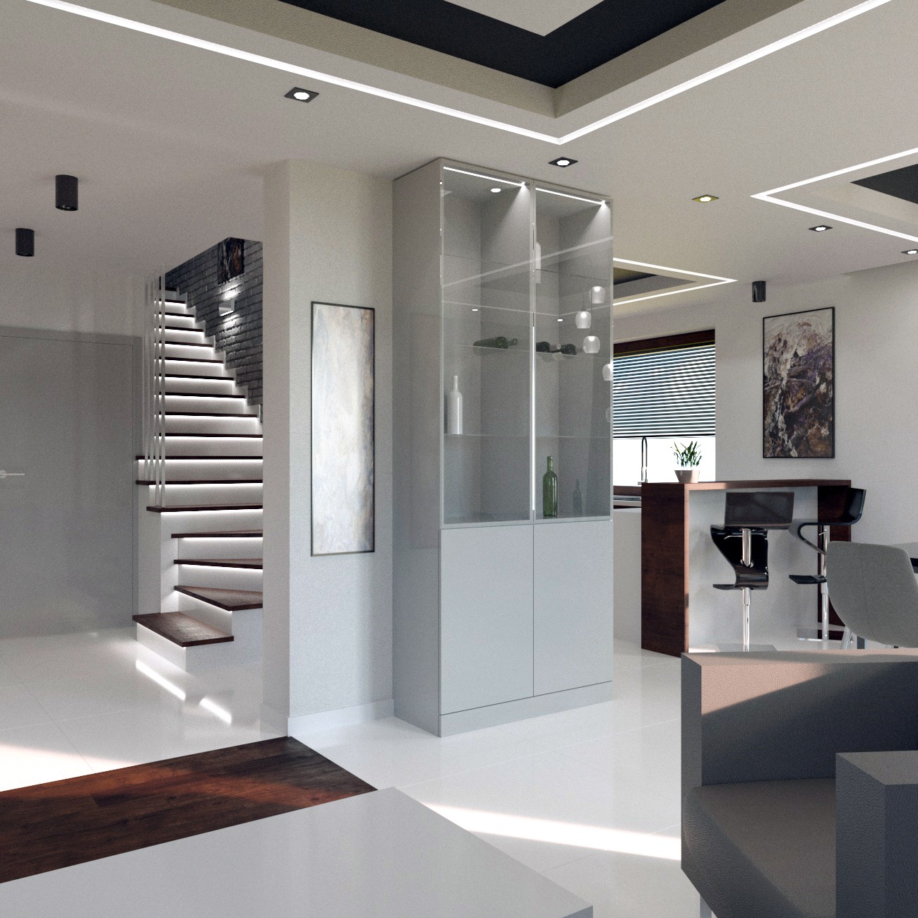 Jasne, przestronne wnętrze z oświetlonymi schodami, szklaną witryną z dekoracjami, barem z krzesłami i abstrakcyjnym obrazem na ścianie.