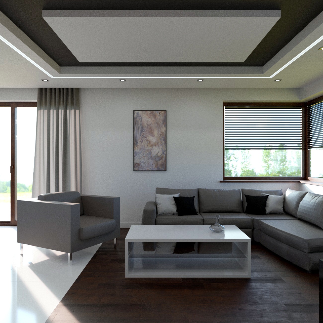 Nowoczesny salon z szarym narożnikiem, minimalistycznym fotelem i białą ławą, oświetlenie LED w suficie podwieszanym, obraz na ścianie, ciemna podłoga.