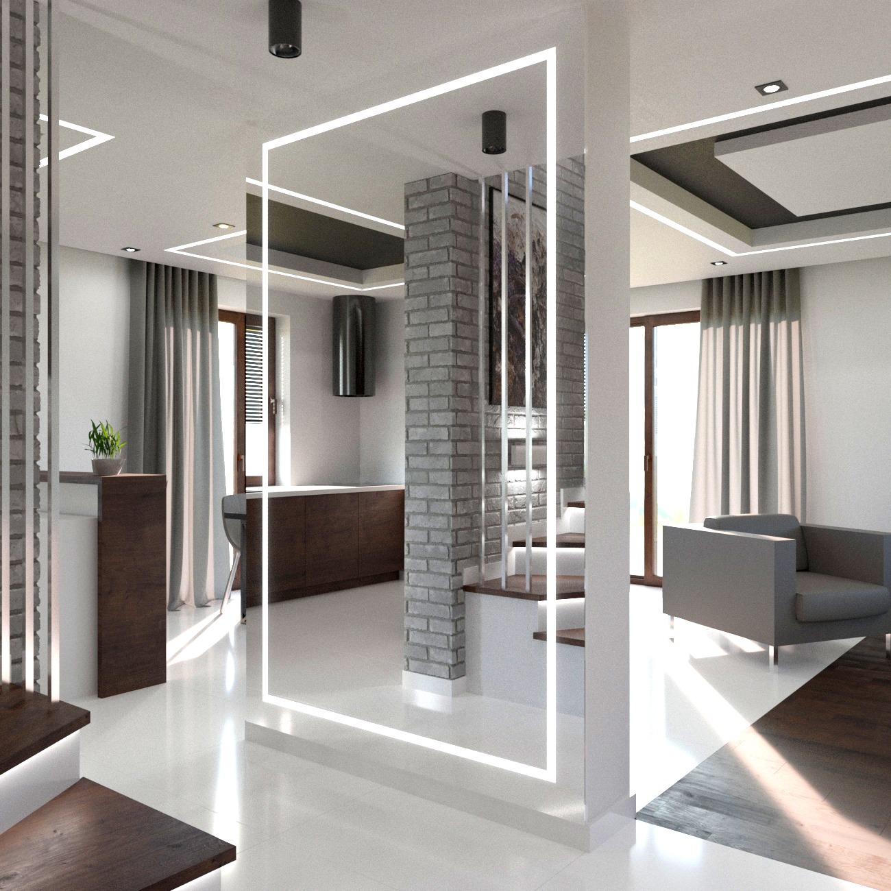 Wnętrze domu z otwartą przestrzenią, widok na kuchnię z ciemnymi szafkami i salon z szarym fotelem, schody z drewnianymi stopniami i podświetleniem LED, ściana z cegły w odcieniach szarości.