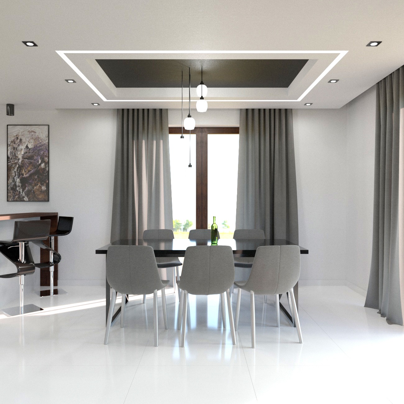 Jasna jadalnia z czarnym stołem, szarymi krzesłami i minimalistycznym oświetleniem. Na stole butelka, a w tle zasłony i obraz na ścianie.