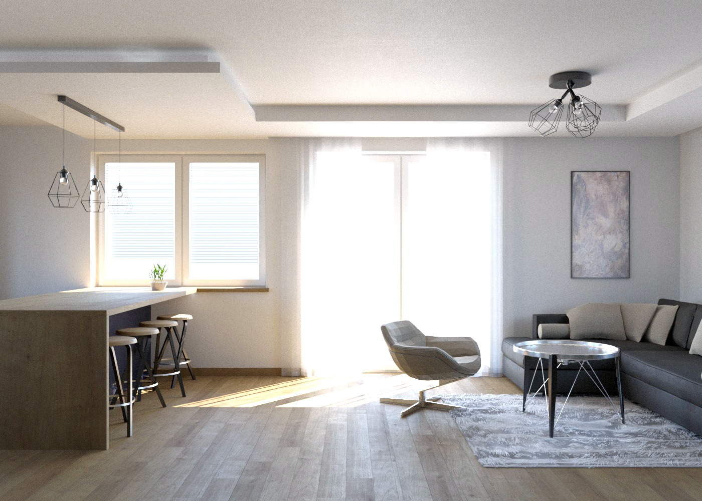 Jasne wnętrze mieszkania z drewnianą podłogą, wyspą kuchenną z hokerami, szarą sofą i fotelem obrotowym, oświetlone wiszącymi lampami w stylu industrialnym.