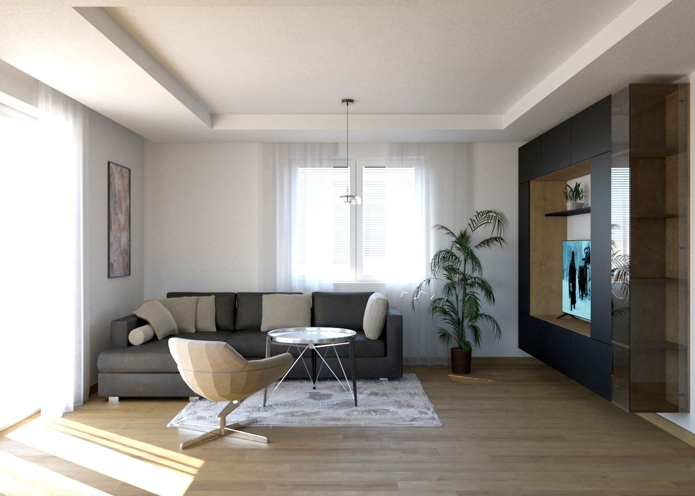 Nowoczesny salon z szarą sofą, designerskim fotelem, okrągłym stolikiem kawowym i ścianą telewizyjną z czarnymi elementami oraz rośliną doniczkową