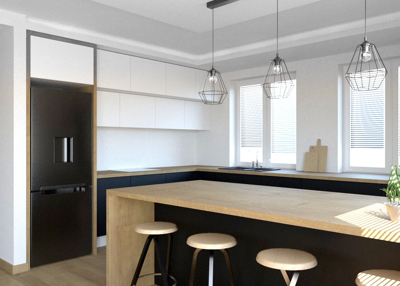 Minimalistyczna kuchnia z wyspą, czarne szafki dolne i białe górne, drewniany blat wyspy z trzema hokerami, wiszące lampy w metalowych kloszach, trzy okna z żaluzjami, czarna lodówka w zabudowie.