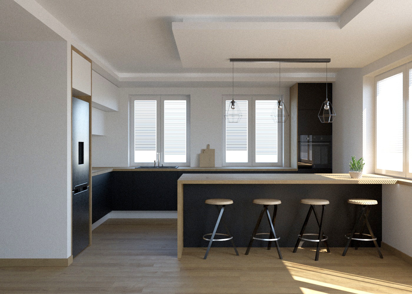 Nowoczesna kuchnia w odcieniach bieli i czerni z drewnianymi akcentami, wyspą kuchenną z czterema hokerami i minimalistycznymi lampami wiszącymi.