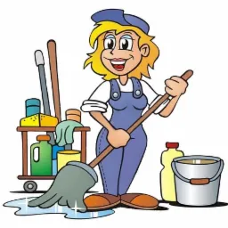 Kresk&oacute;wkowa kobieta w niebieskim kombinezonie i czapce, uśmiechnięta, myje podłogę mopem, obok wiadro i w&oacute;zek z akcesoriami do sprzątania.