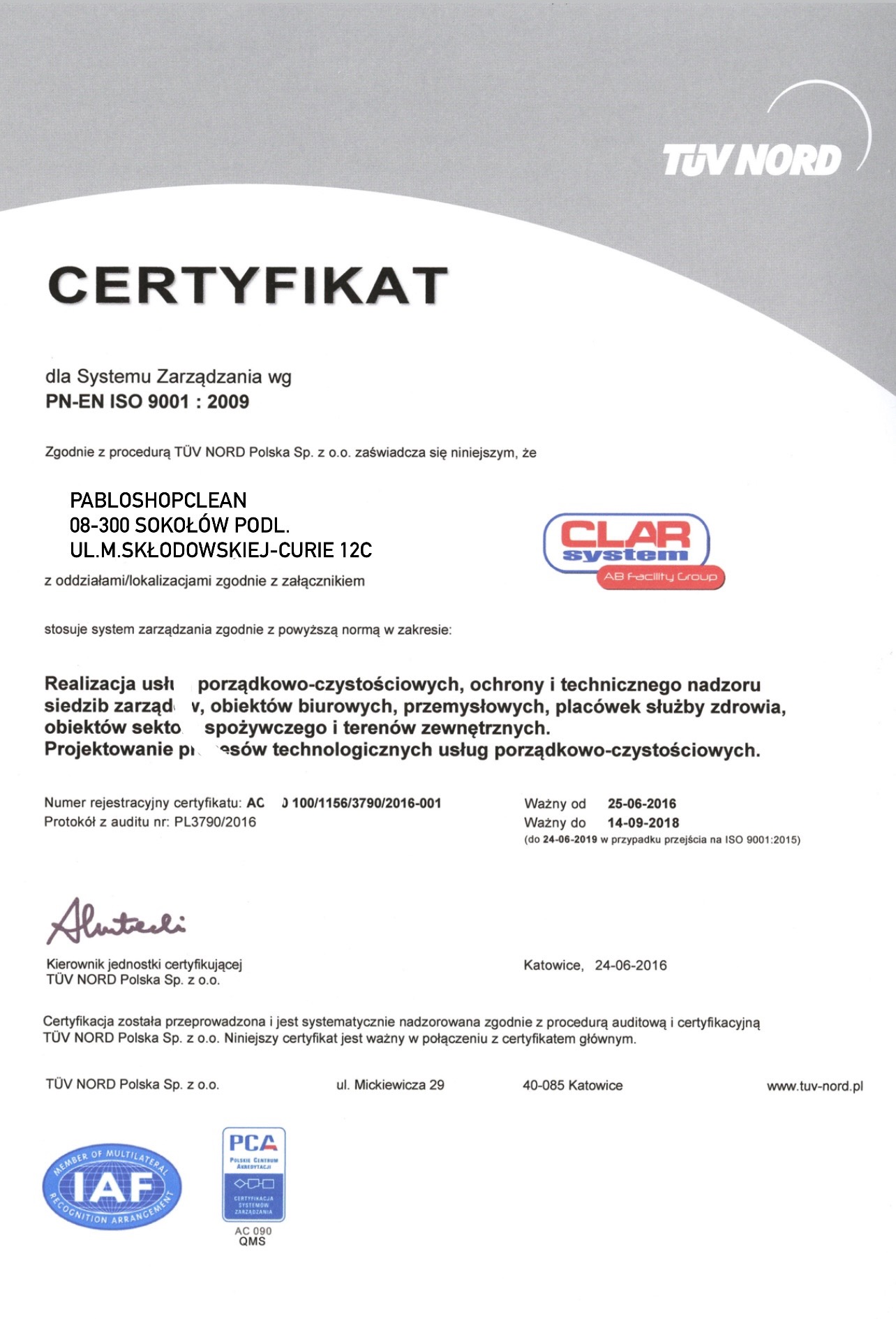 Certyfikat zarządzania zespołem osób z programu CLARsystem w zakresie profesjonalnego podejścia do klienta