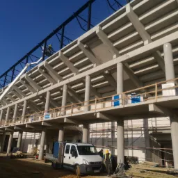 Konstrukcja żelbetowa w trakcie budowy w Ostrowie Wielkopolskim, widoczny podnośnik koszowy z pracownikiem montującym elementy stalowe dachu, na dole biały samochód dostawczy i robotnik w kasku.