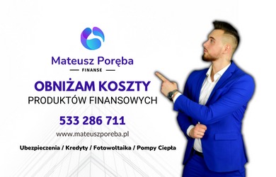 Mężczyzna w niebieskim garniturze wskazuje palcem na tekst reklamowy: 'Obniżam koszty produktów finansowych', numer telefonu i adres strony internetowej.