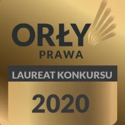 Złota odznaka 'Orły Prawa' - Laureat Konkursu 2020, symbolizująca uznanie w branży prawniczej.