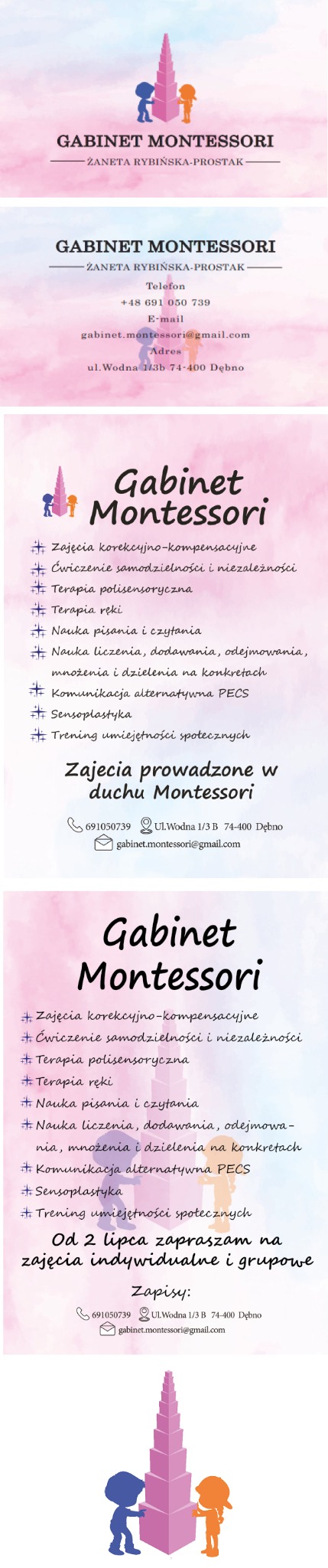 Wizytówka Gabinetu Montessori z ofertą zajęć korekcyjno-kompensacyjnych, ćwiczeń samodzielności, terapii polisensorycznej i ręki, nauki pisania i czytania, liczenia, komunikacji alternatywnej PECS,...