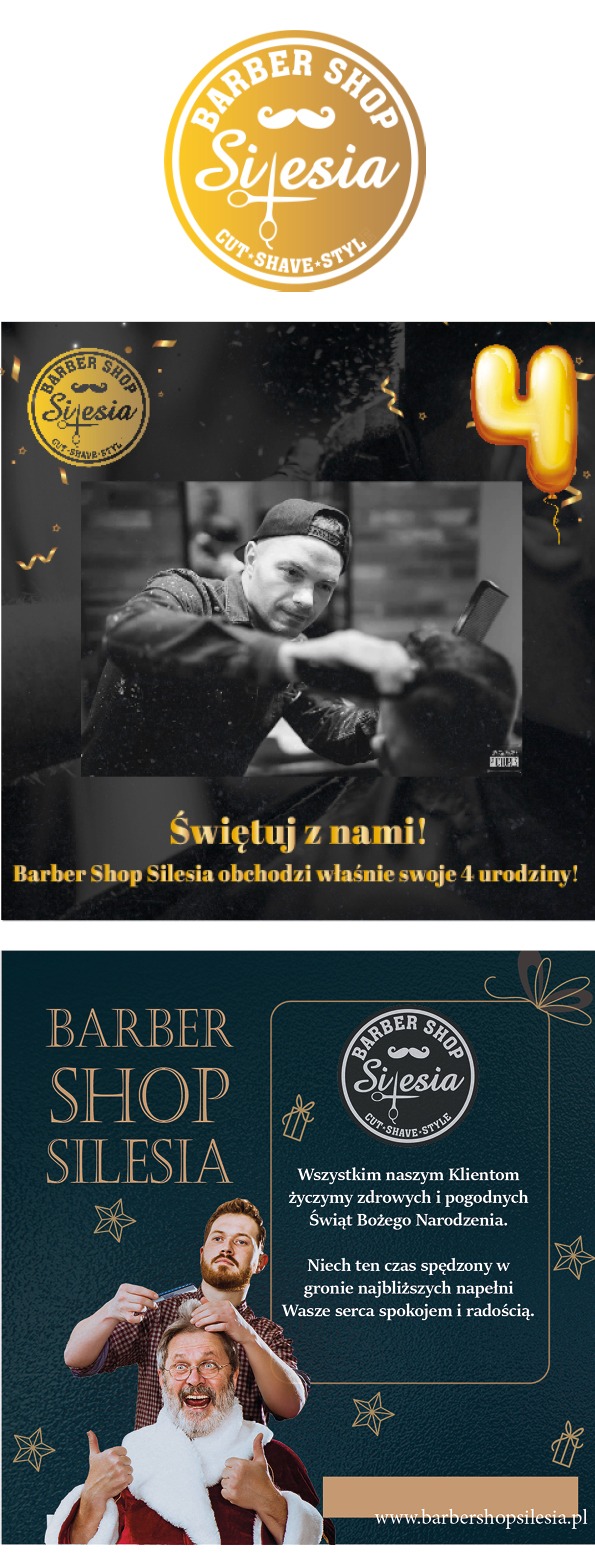 Kolaż reklamowy Barber Shop Silesia z okazji 4 urodzin i Świąt Bożego Narodzenia, prezentujący logo, barbera strzygącego klienta i barbera strzygącego Świętego Mikołaja.