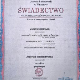 Świadectwo ukończenia studiów podyplomowych. Kierunek Audytor Energetyczny