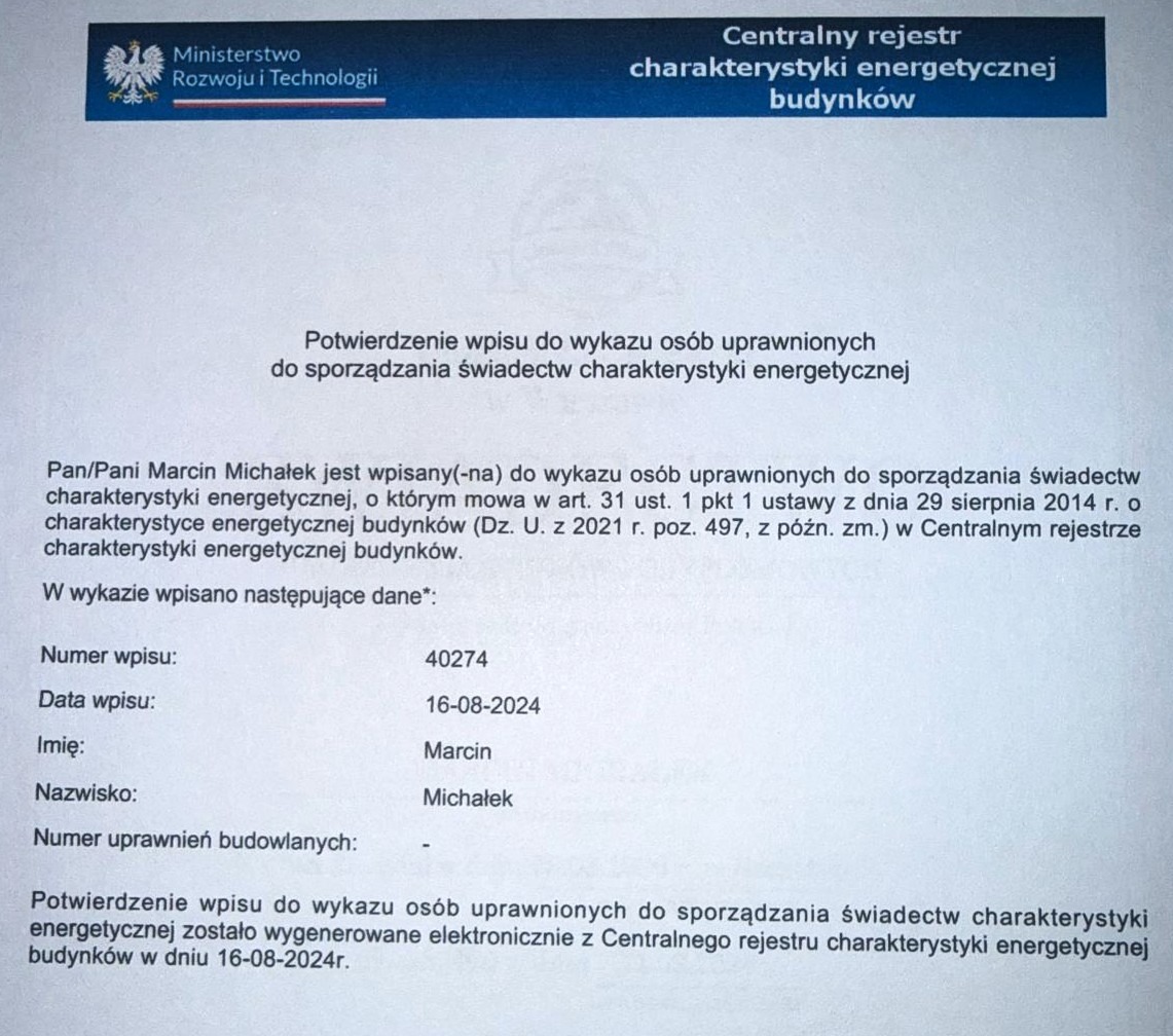 Potwierdzenie wpisu do wykazu osób uprawnionych do sporządzenia świadectw charakterystyki energetycznej