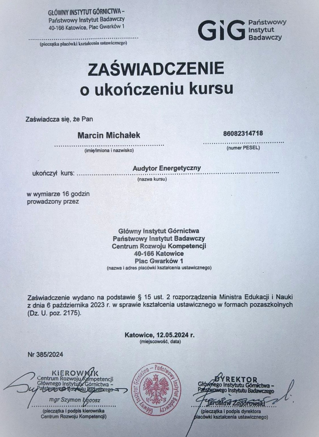 Państwowy Instytut Badawczy, zaświadczenie o ukończeniu kursu.