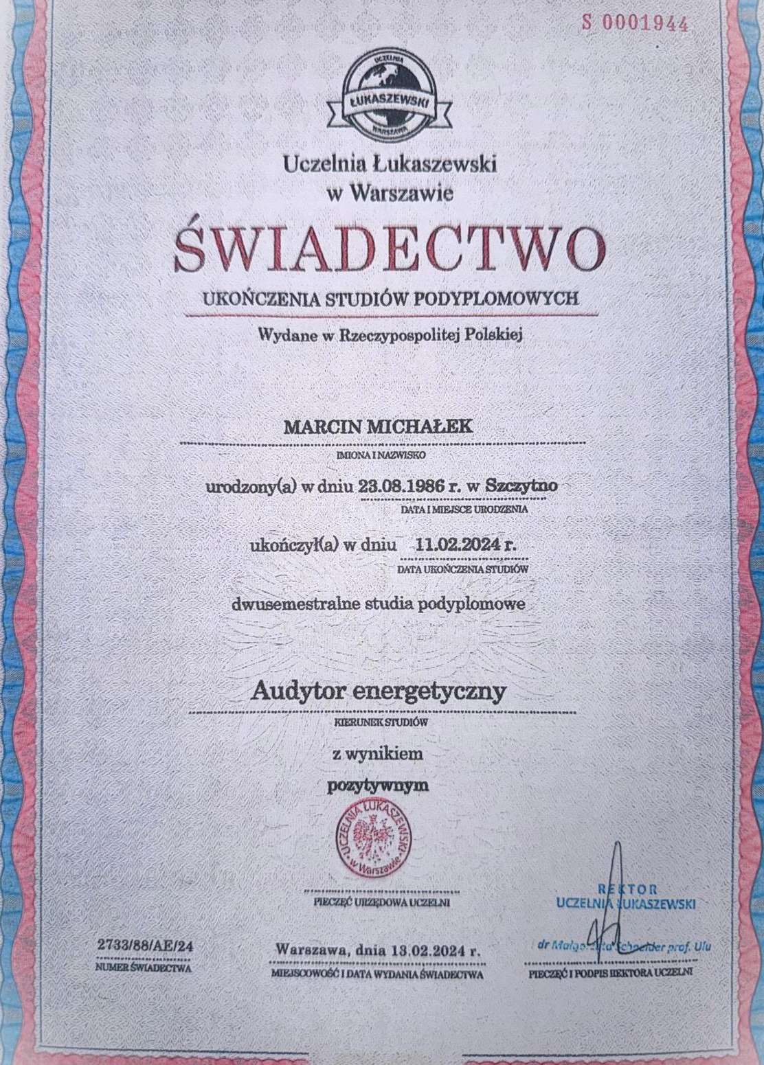 Świadectwo ukończenia studiów podyplomowych. Kierunek Audytor Energetyczny