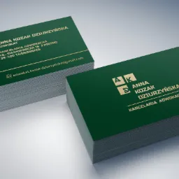 Dwa stosy wizytówek w kolorze butelkowej zieleni z złotym nadrukiem, prezentujące dane kontaktowe kancelarii adwokackiej Anny Kozak Dziurzyńskiej, z logo AJP i adresem w Tarnobrzegu.