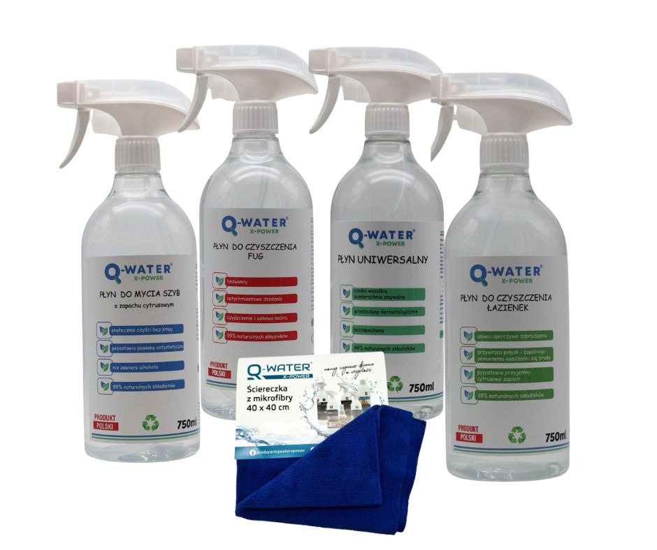 Zestaw czterech butelek Q-Water X-Power: płyn do szyb, fug, uniwersalny i do łazienek, z mikrofibrą. Produkty polskie, 99% naturalnych składników, 750ml.